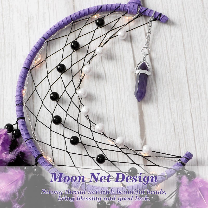Dremisland Moon Dream Catcher with Fairy Lights-Handmade Colorful Feather Lucky Turquoise Pendant Beads Wall Hanging Ornament for Kids Bedroom Home Decoration Art Craft Gift. (Purple&Black) - Image 4